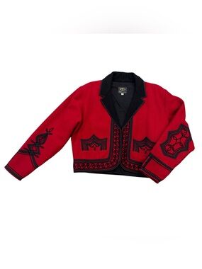 Vintage Red Wool Cropped Embroidered Folk Art Bolero Jacket